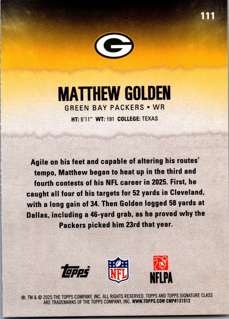 Matthew Golden 2025 Topps Signature Class #111 RC Packers WR