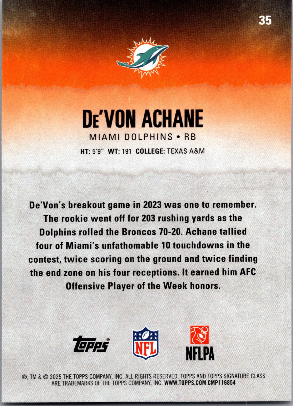 De'Von Achane 2025 Topps Signature Class #35 Dolphins RB