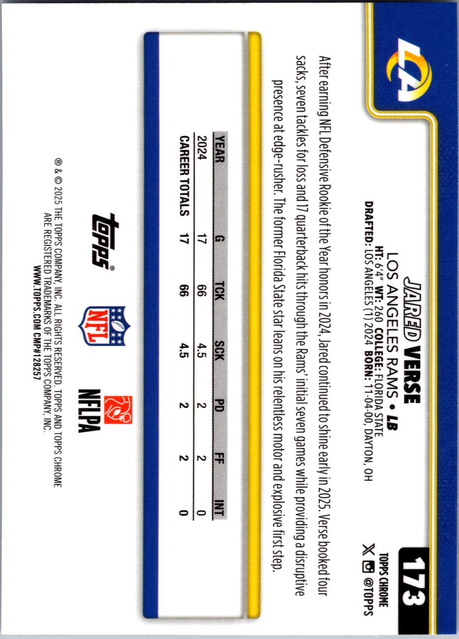 Jared Verse 2025 Topps Chrome #173 Rams LB
