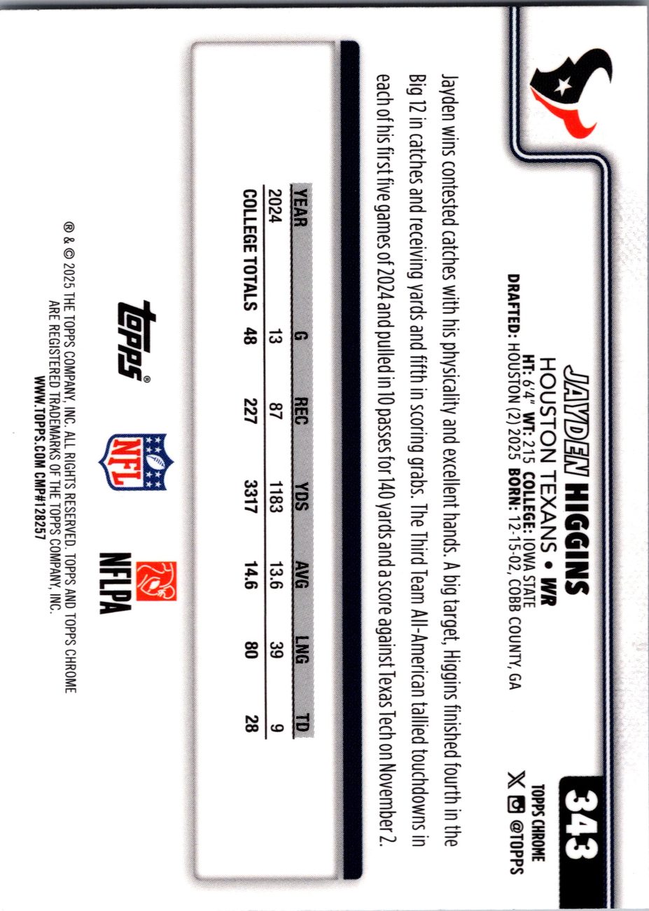 Jayden Higgins 2025 Topps Chrome #343 Texans WR