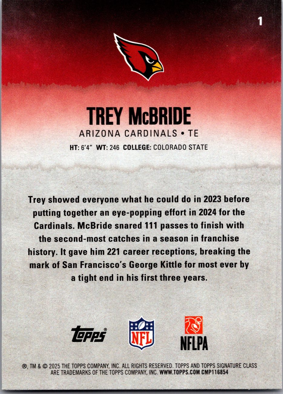Trey McBride 2025 Topps Signature Class #1 Cardinals TE
