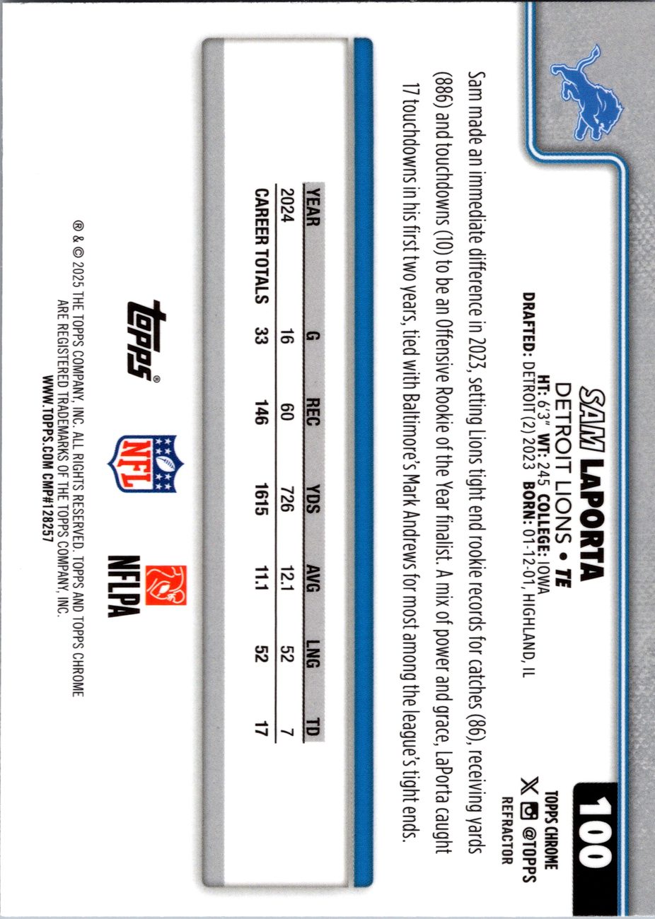 Sam LaPorta 2025 Topps Chrome #100 Refractor Lions TE