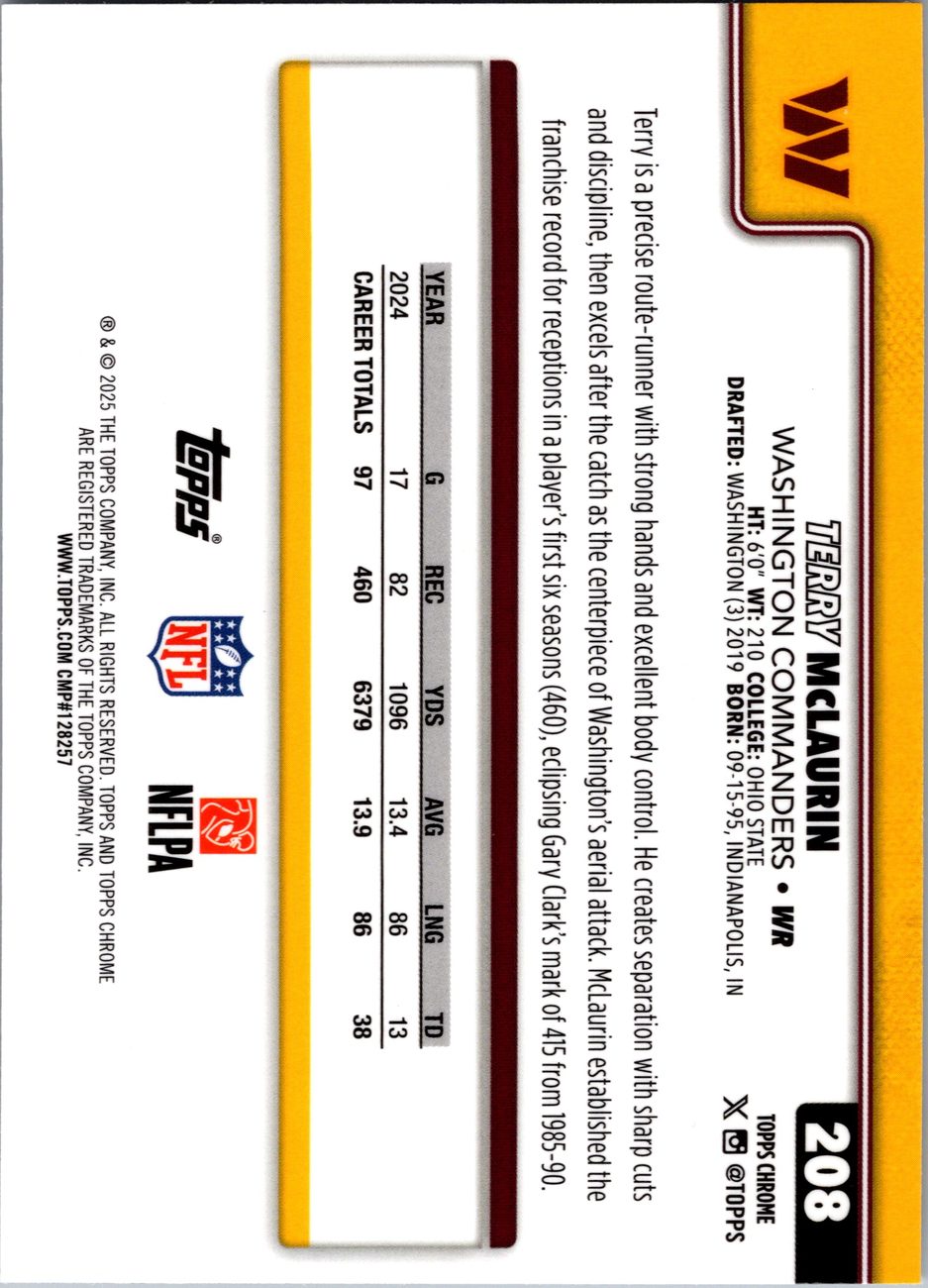 Terry McLaurin 2025 Topps Chrome #208 Commanders WR