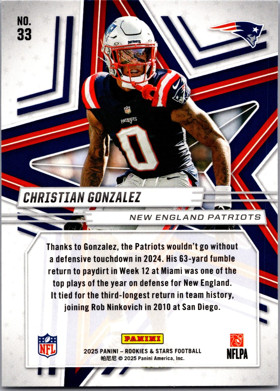 Christian Gonzalez 2025 Panini Rookies &amp; Stars #33 Patriots CB