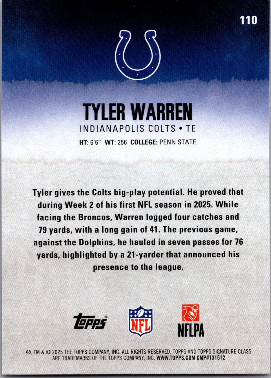Tyler Warren 2025 Topps Signature Class #110 RC Colts TE